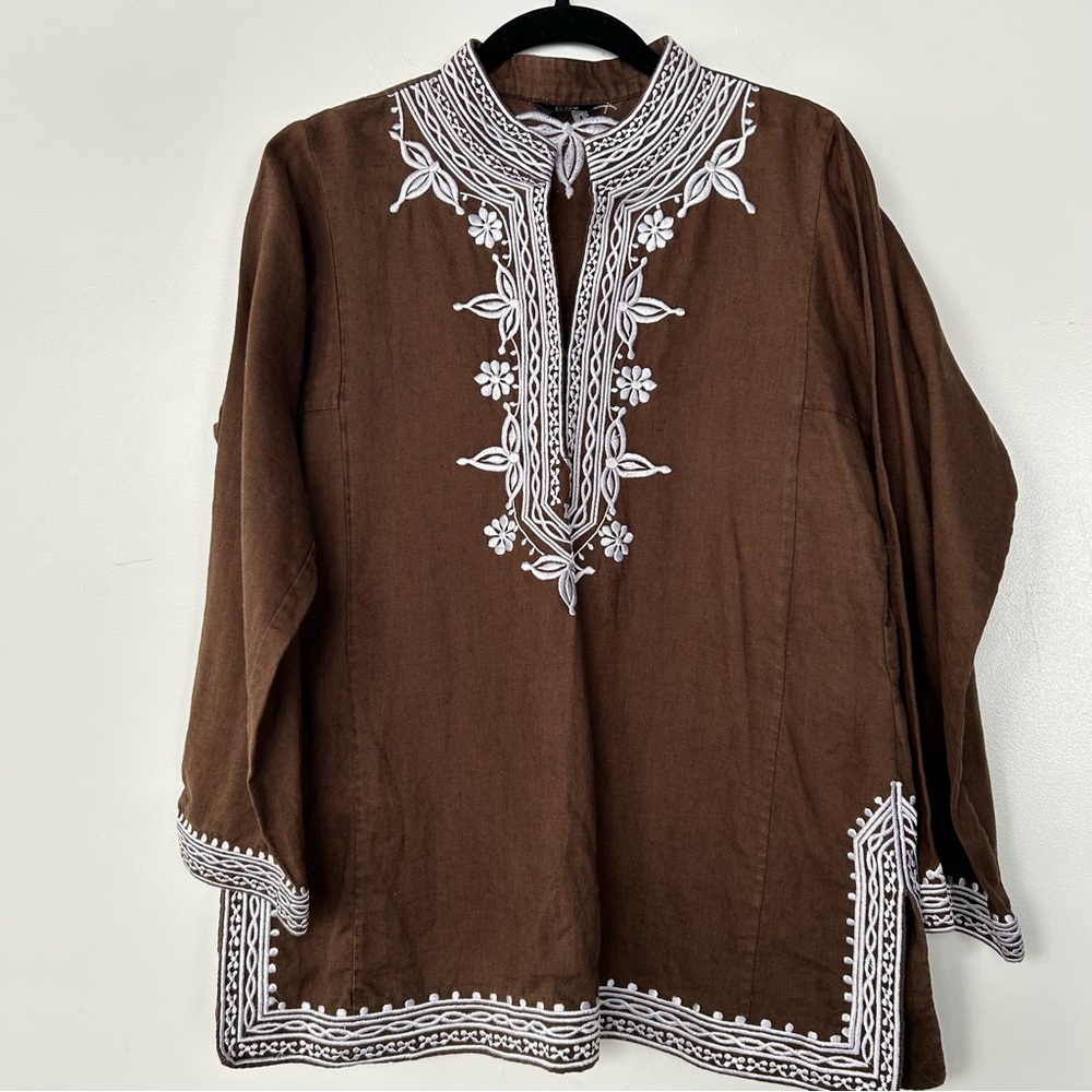 Vintage J.Crew 100% Linen Womens Brown Embroidered Boho Tunic Peasant Blouse